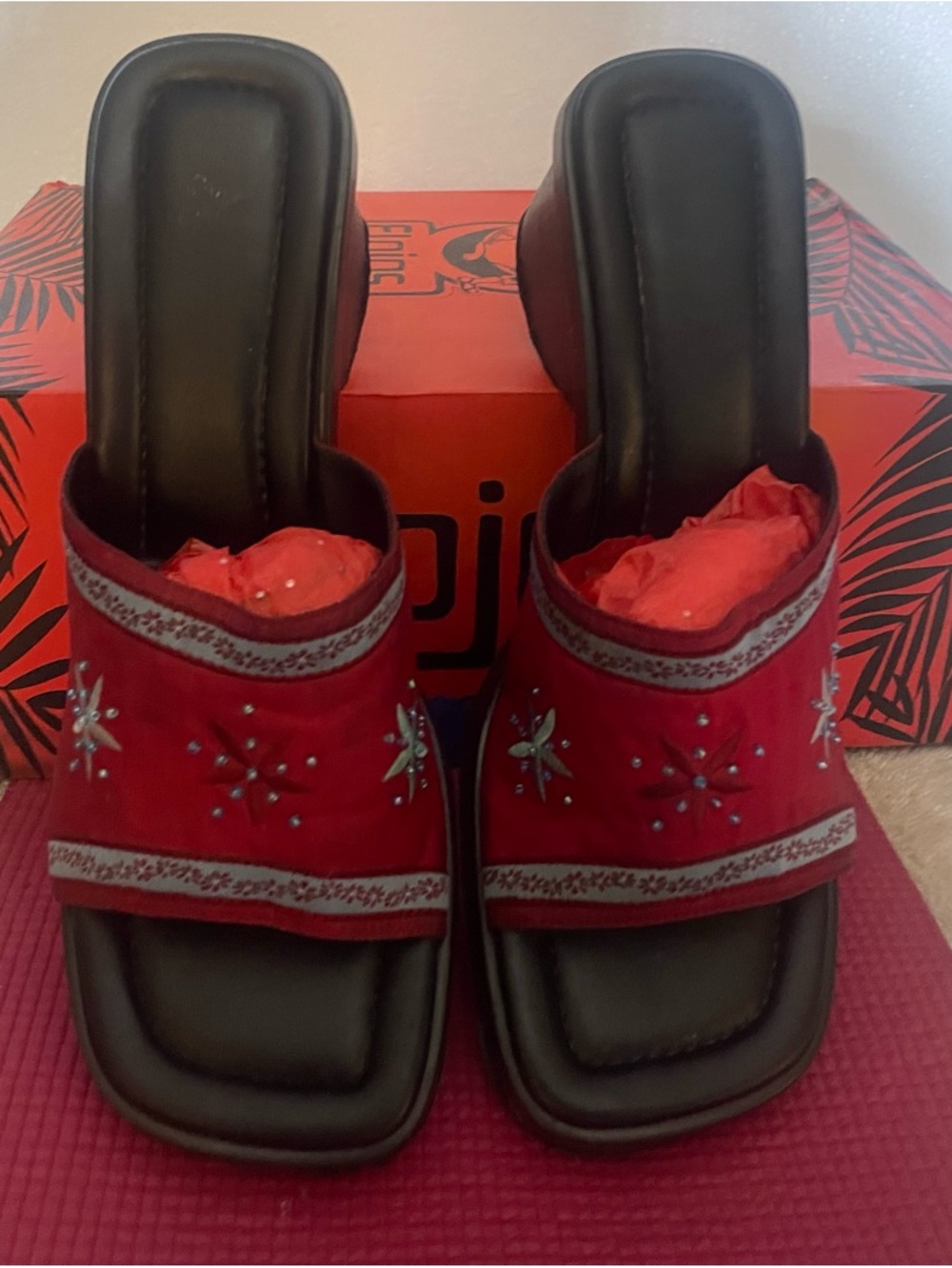 Vintage Slides Embroidered on a Bandanna style look . Wooden heals .